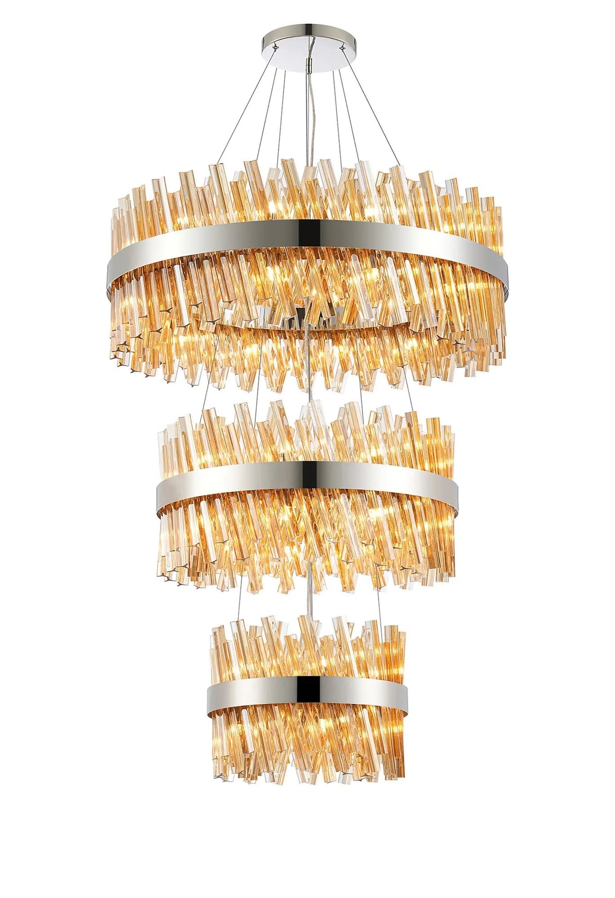 Melville 3 Tier 40cm + 60cm + 80cm Pendant, 10 + 18 + 24 Light G9, Polished Nickel/Amber