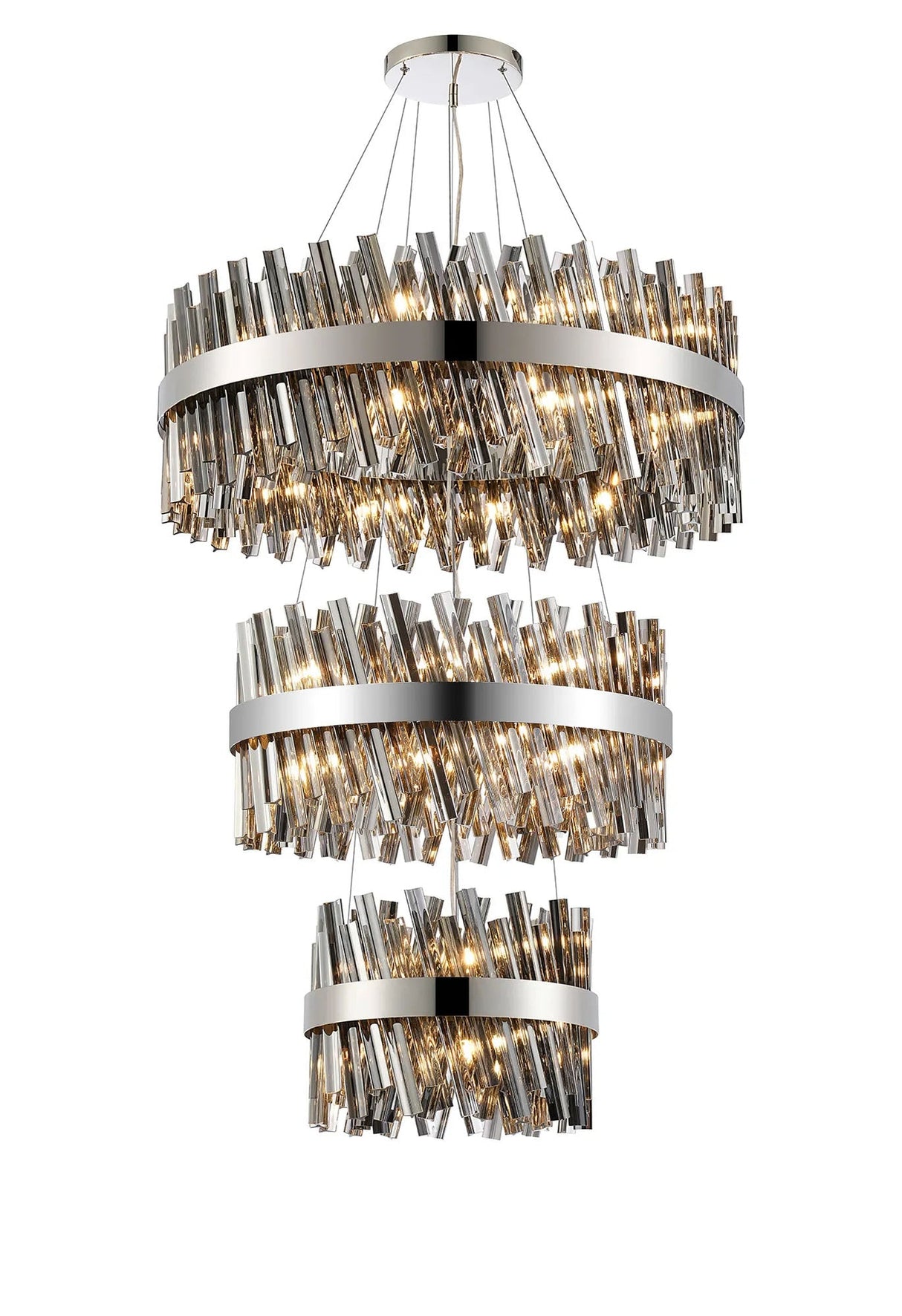 Melville 3 Tier 40cm + 60cm + 80cm Pendant, 10 + 18 + 24 Light G9, Polished Nickel/Smoke