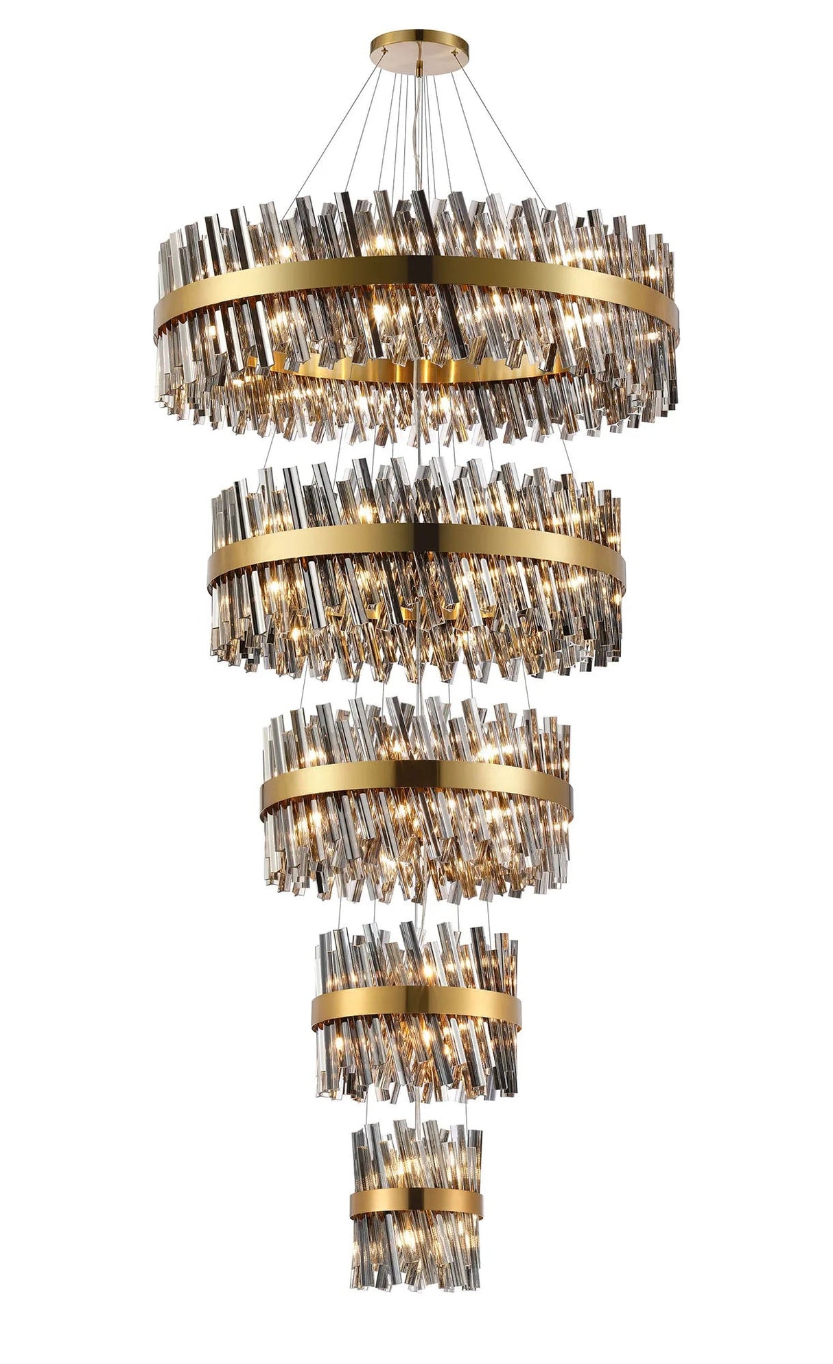 Melville 5 Tier 25cm + 40cm + 60cm + 80cm + 1m Pendant, 6 + 10 + 18 + 24 + 32 Light G9, Brass/Smoke