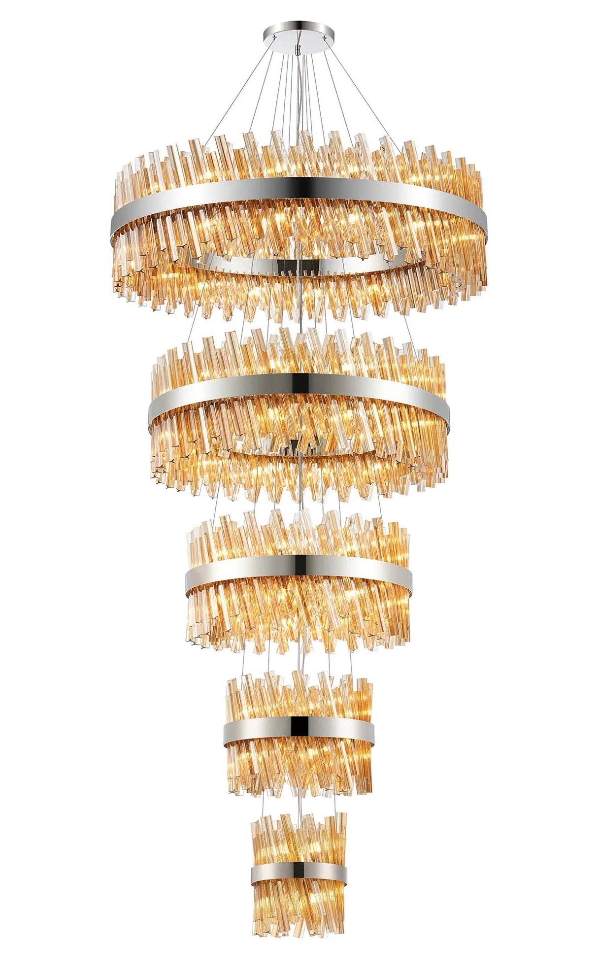 Melville 5 Tier 25cm + 40cm + 60cm + 80cm + 1m Pendant, 6 + 10 + 18 + 24 + 32 Light G9, Polished Nickel/Amber