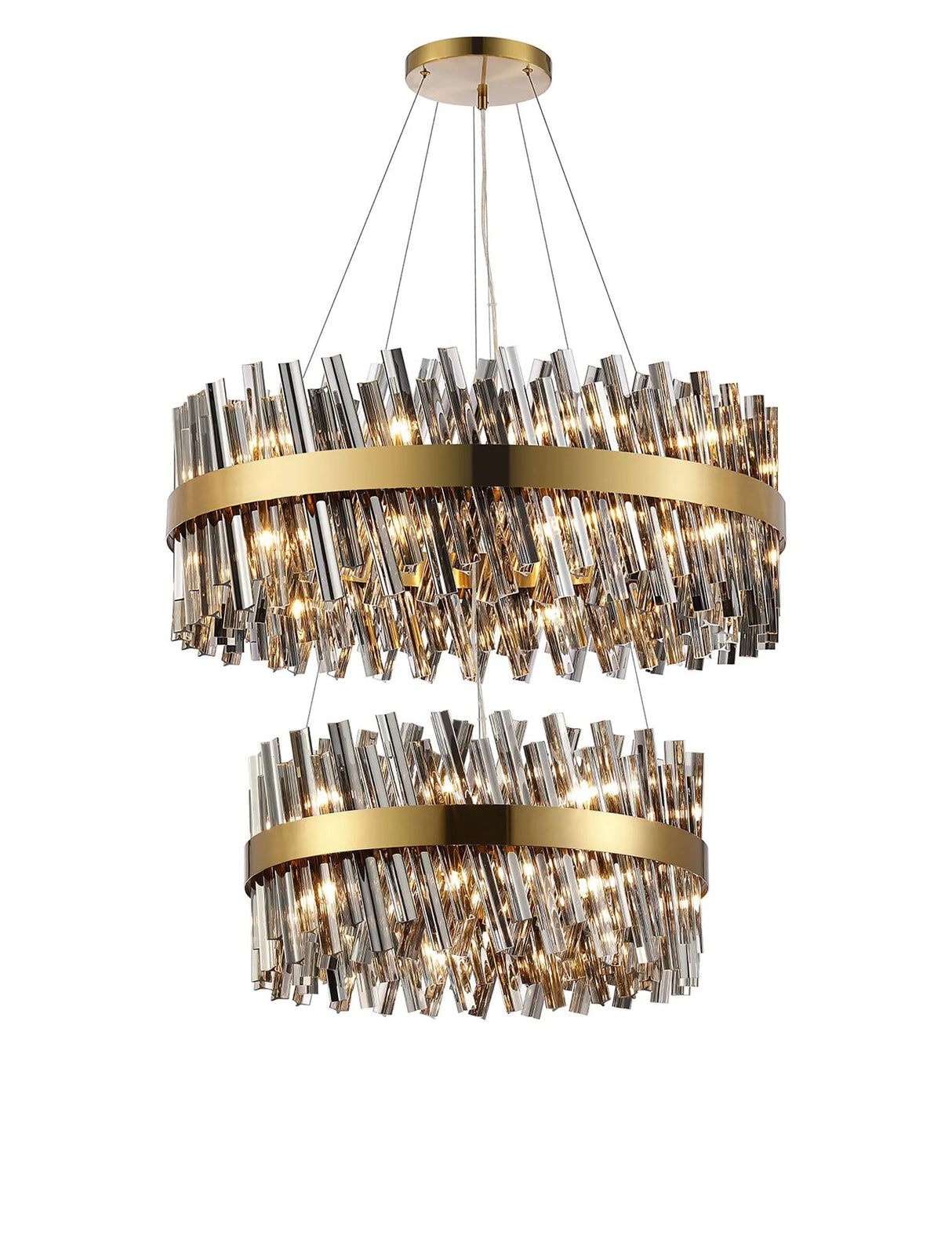 Melville 2 Tier 60cm + 80cm Pendant, 18 + 24 Light G9, Brass/Smoke