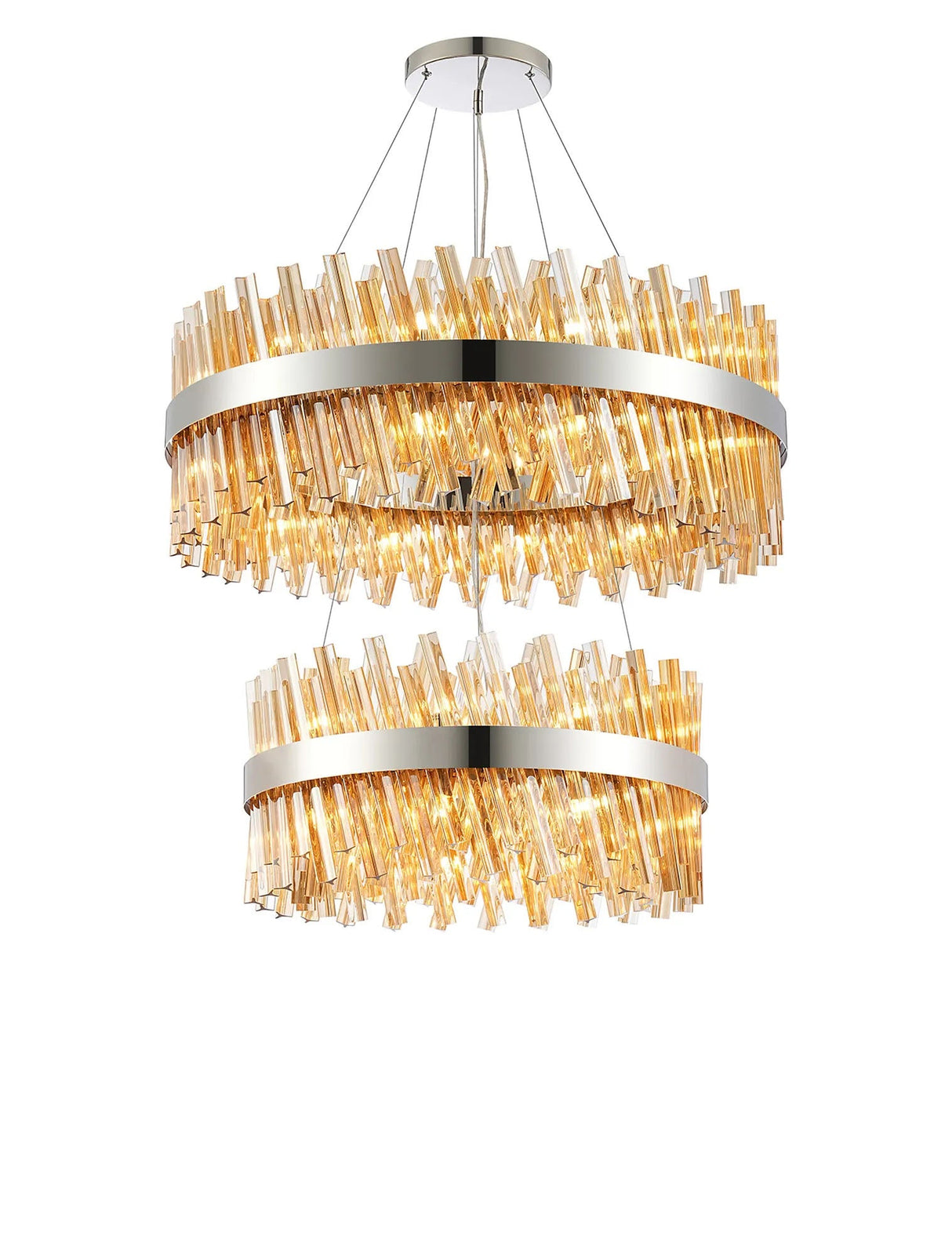 Melville 2 Tier 60cm + 80cm Pendant, 18 + 24 Light G9, Polished Nickel/Amber