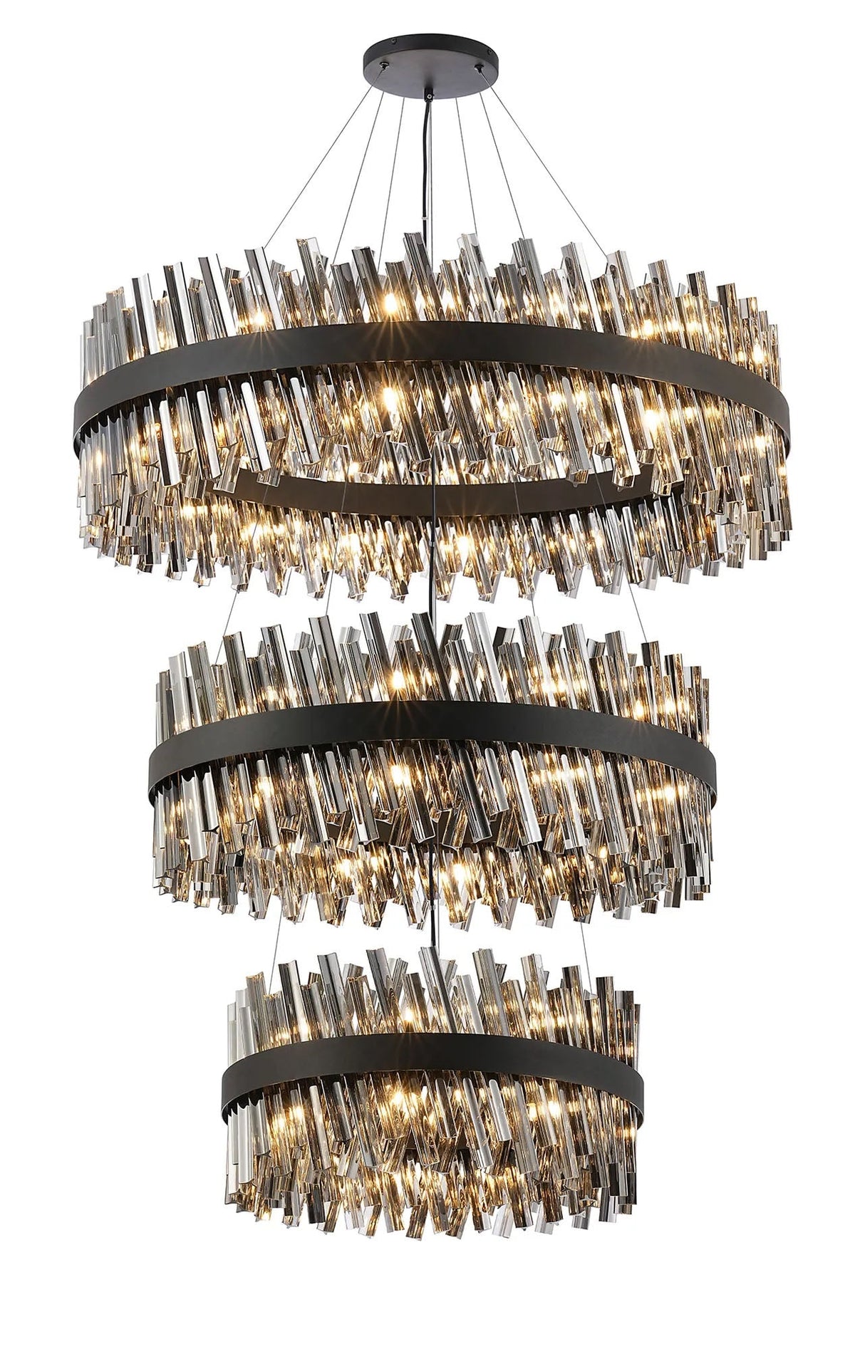 Melville 3 Tier 60cm + 80cm + 1m Pendant, 18 + 24 + 32 Light G9, Satin Black/Smoke