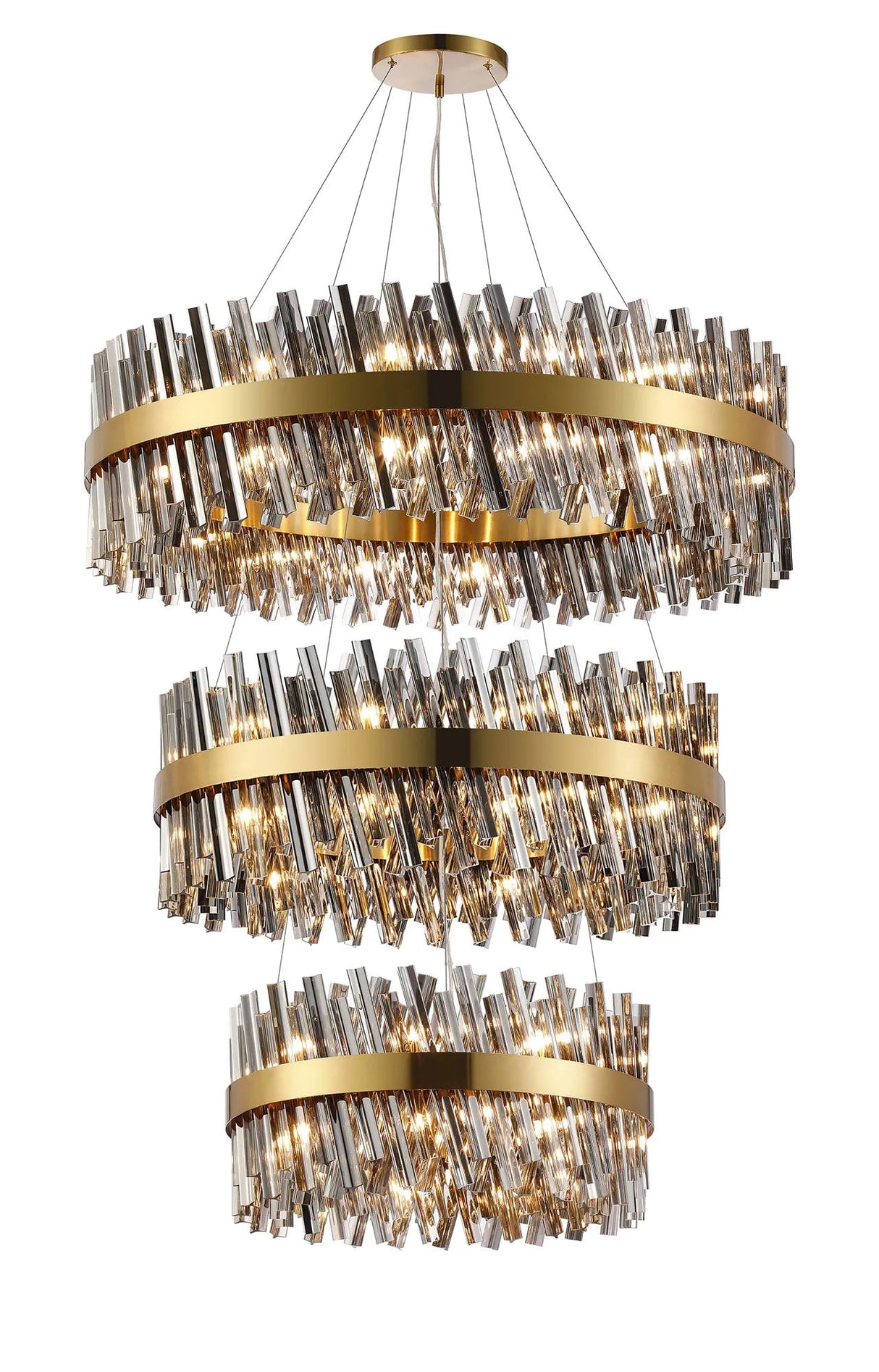 Melville 3 Tier 60cm + 80cm + 1m Pendant, 18 + 24 + 32 Light G9, Brass/Smoke