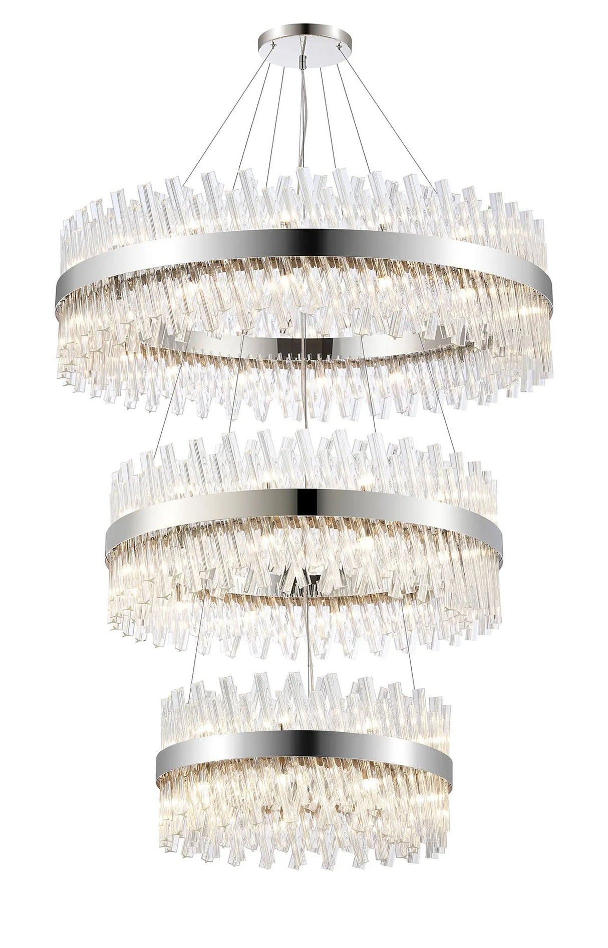 Melville 3 Tier 60cm + 80cm + 1m Pendant, 18 + 24 + 32 Light G9, Polished Nickel/Clear
