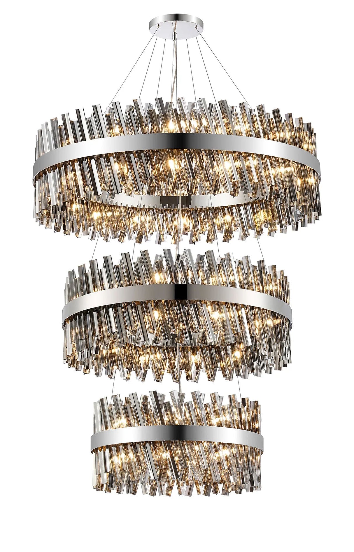 Melville 3 Tier 60cm + 80cm + 1m Pendant, 18 + 24 + 32 Light G9, Polished Nickel/Smoke