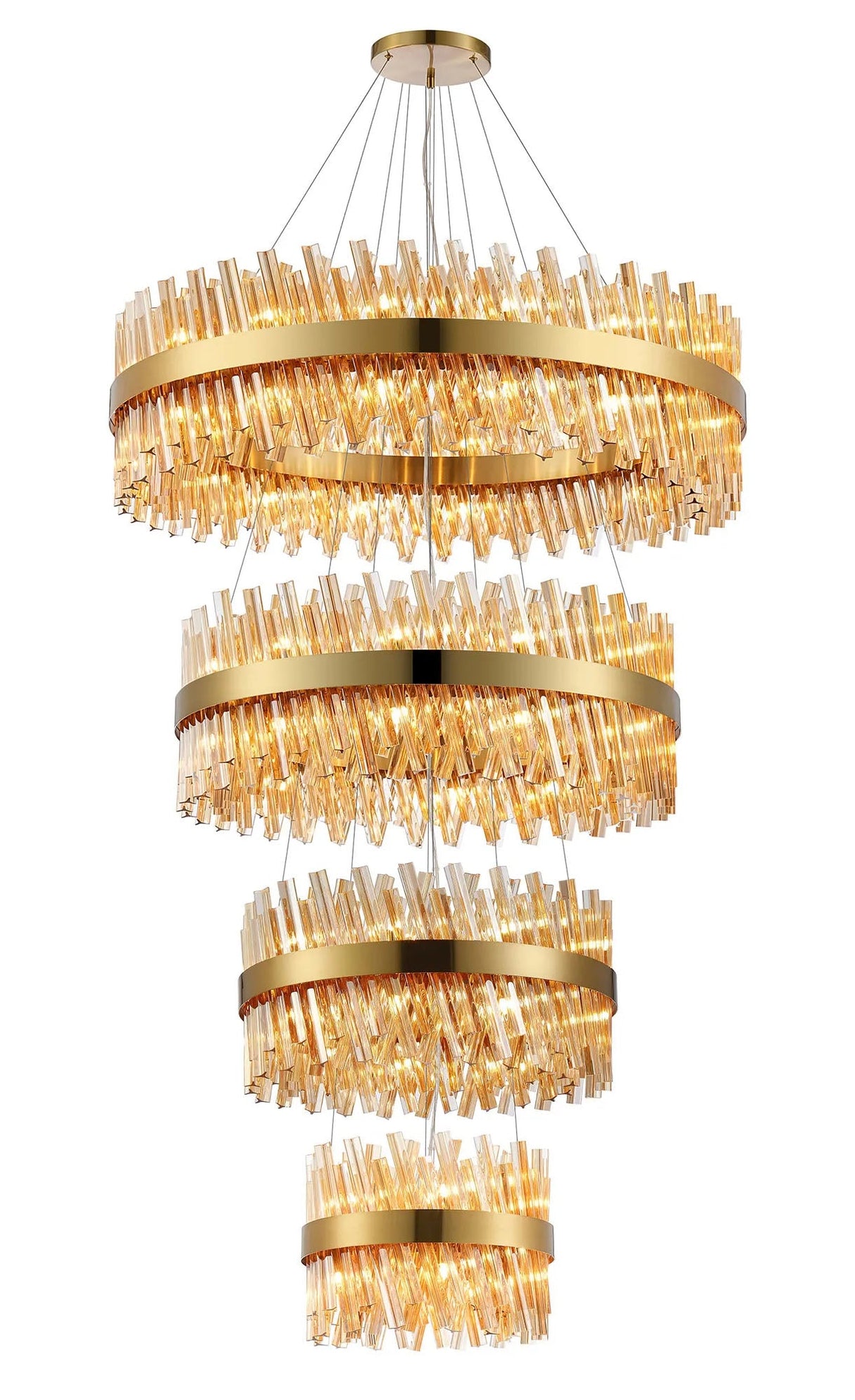 Melville 4 Tier 40cm + 60cm + 80cm + 1m Pendant, 10 + 18 + 24 + 32 Light G9, Brass/Amber