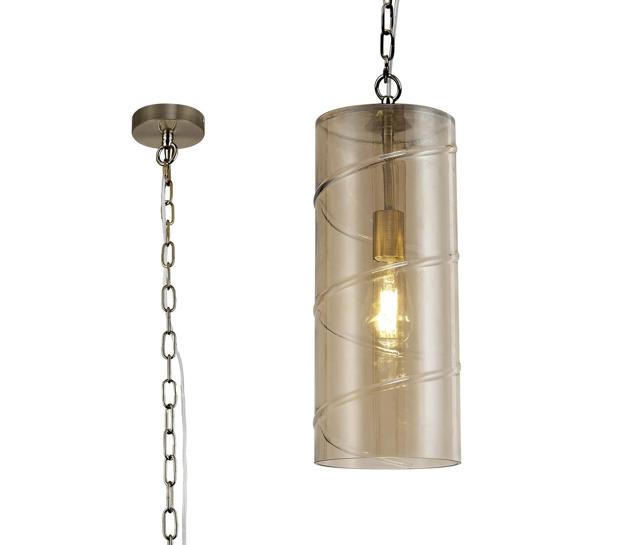 Mulhall Glass Cylinder Pendant, 1 x E27, Antique Brass/Amber