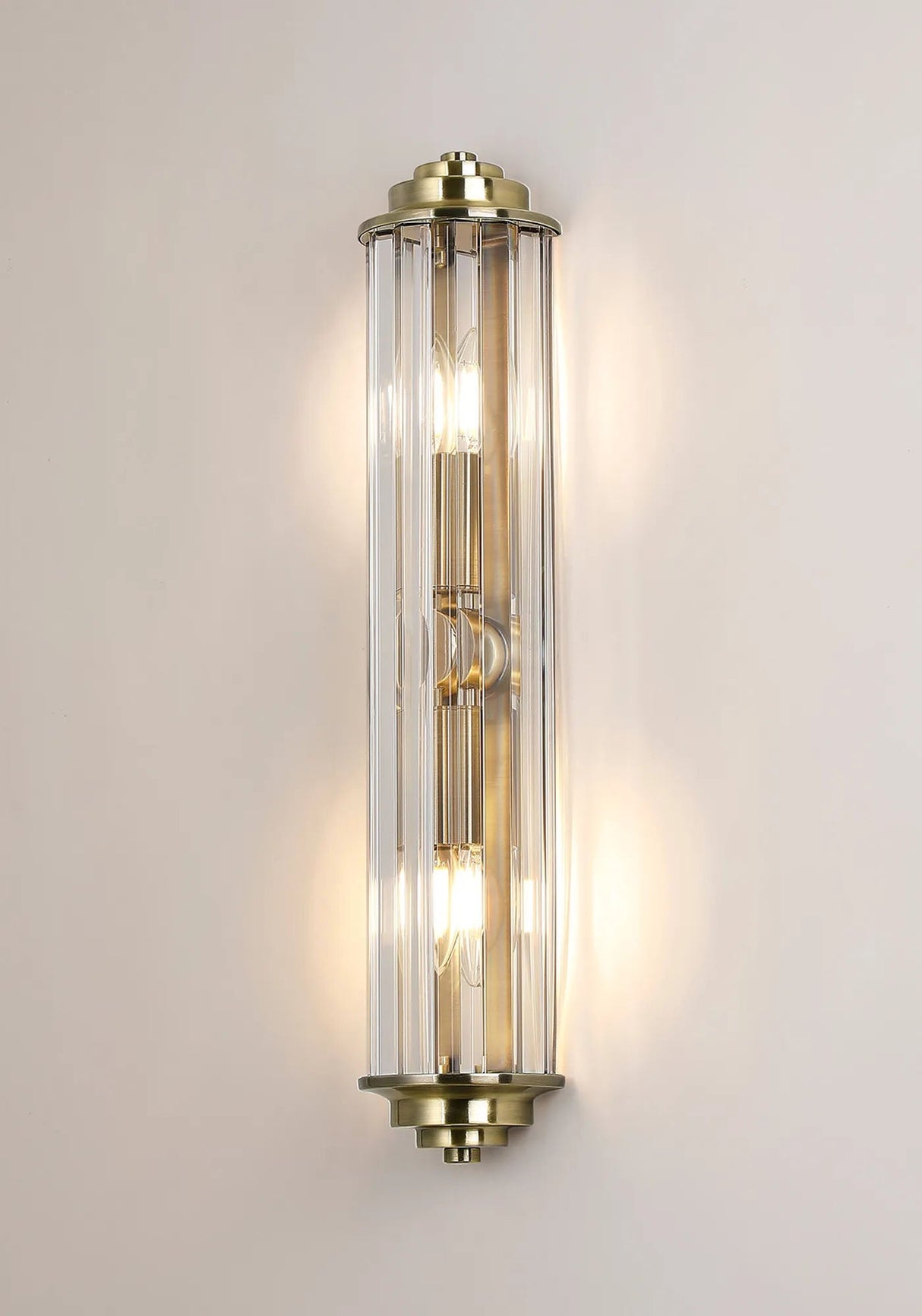 Mundie 2 Light Crystal Wall, E14, IP44, Antique Brass/Clear Crystal