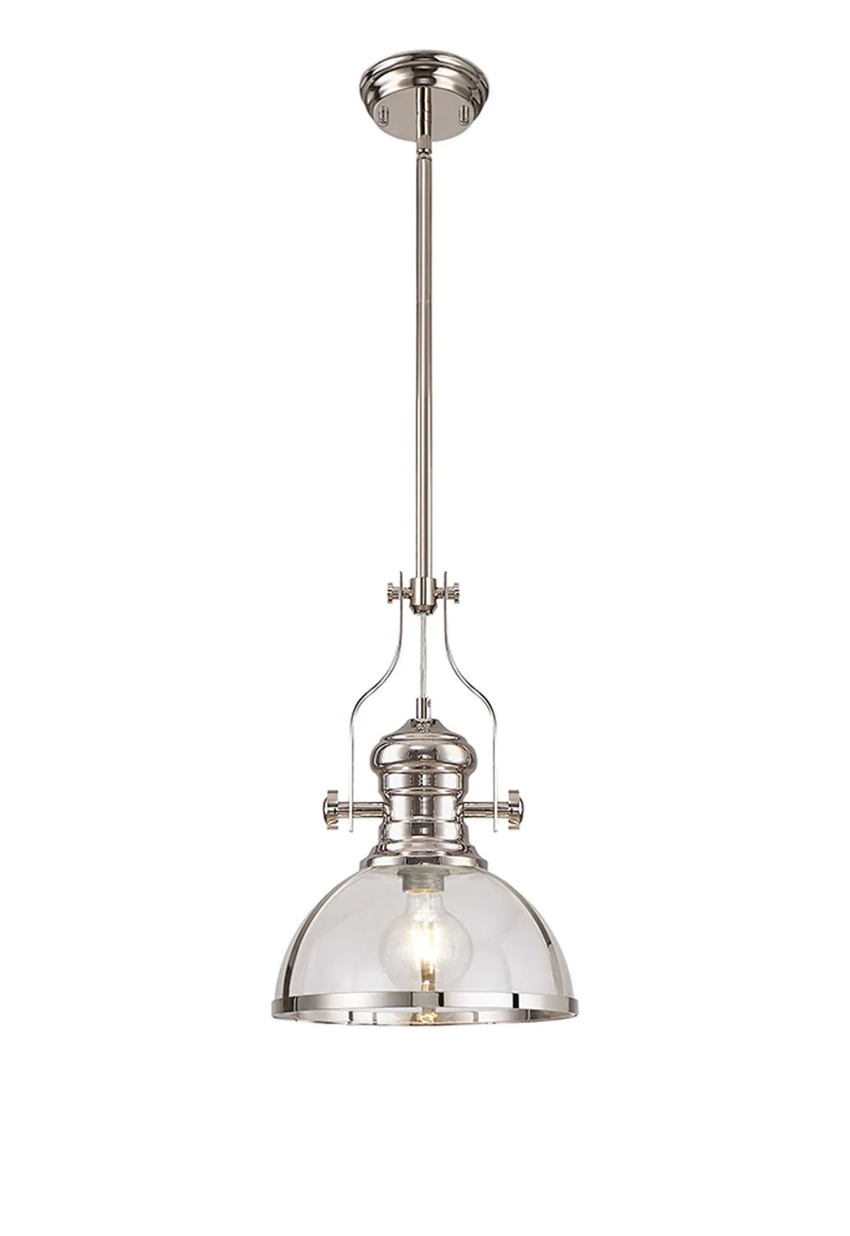 Munro Multi Height Pendant, 1 x E27, Polished Nickel With Round 30cm Polished Nickel/Clear Glass Shade