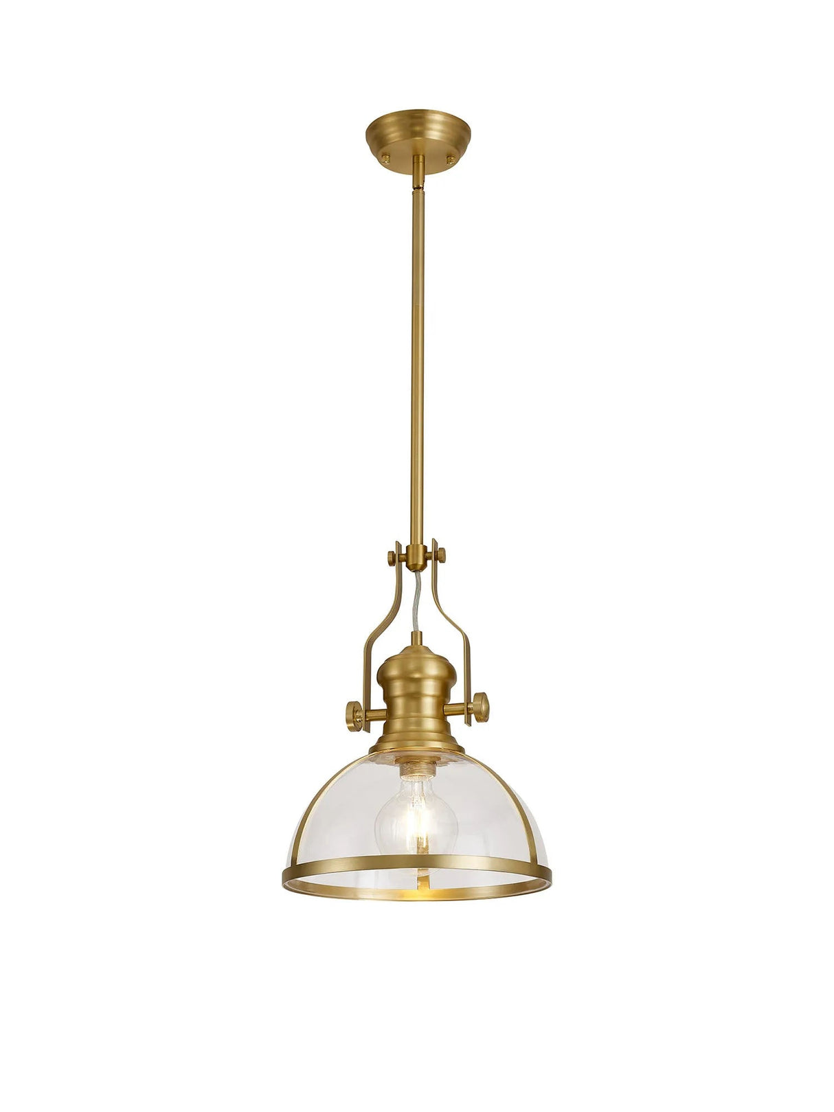 Munro Multi Height Pendant, 1 x E27, Satin Gold With Round 30cm Satin Gold/Clear Glass Shade