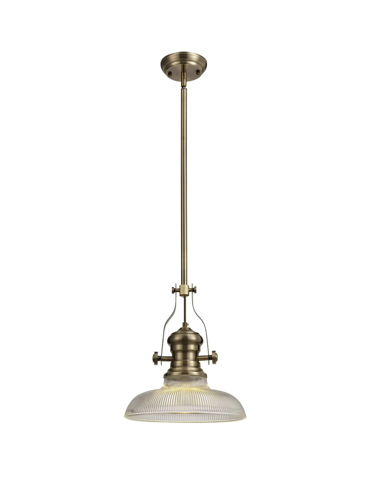 Munro 1 Light Multi Height Pendant E27 With 30cm Round Glass Shade, Antique Brass/Clear