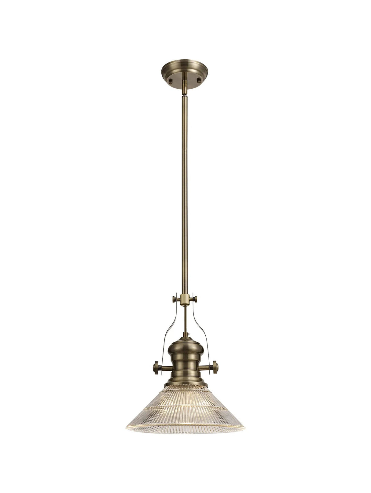 Munro 1 Light Multi Height Pendant E27 With 30cm Cone Glass Shade, Antique Brass/Clear