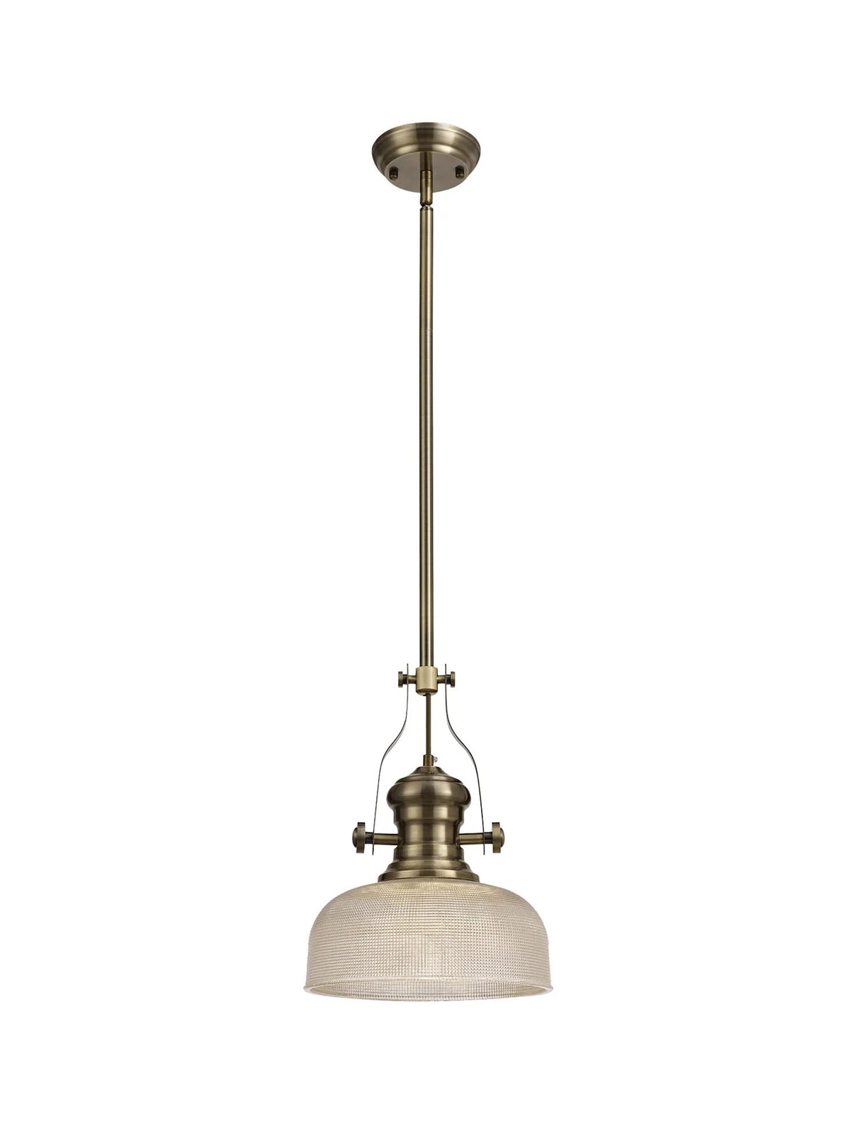 Munro 1 Light Multi Height Pendant E27 With 26.5cm Prismatic Glass Shade, Antique Brass/Clear