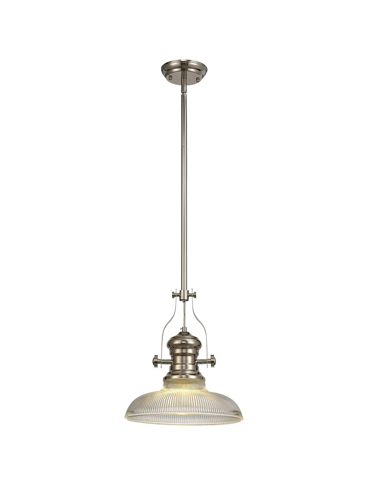Munro 1 Light Multi Height Pendant E27 With 30cm Round Glass Shade, Polished Nickel/Clear