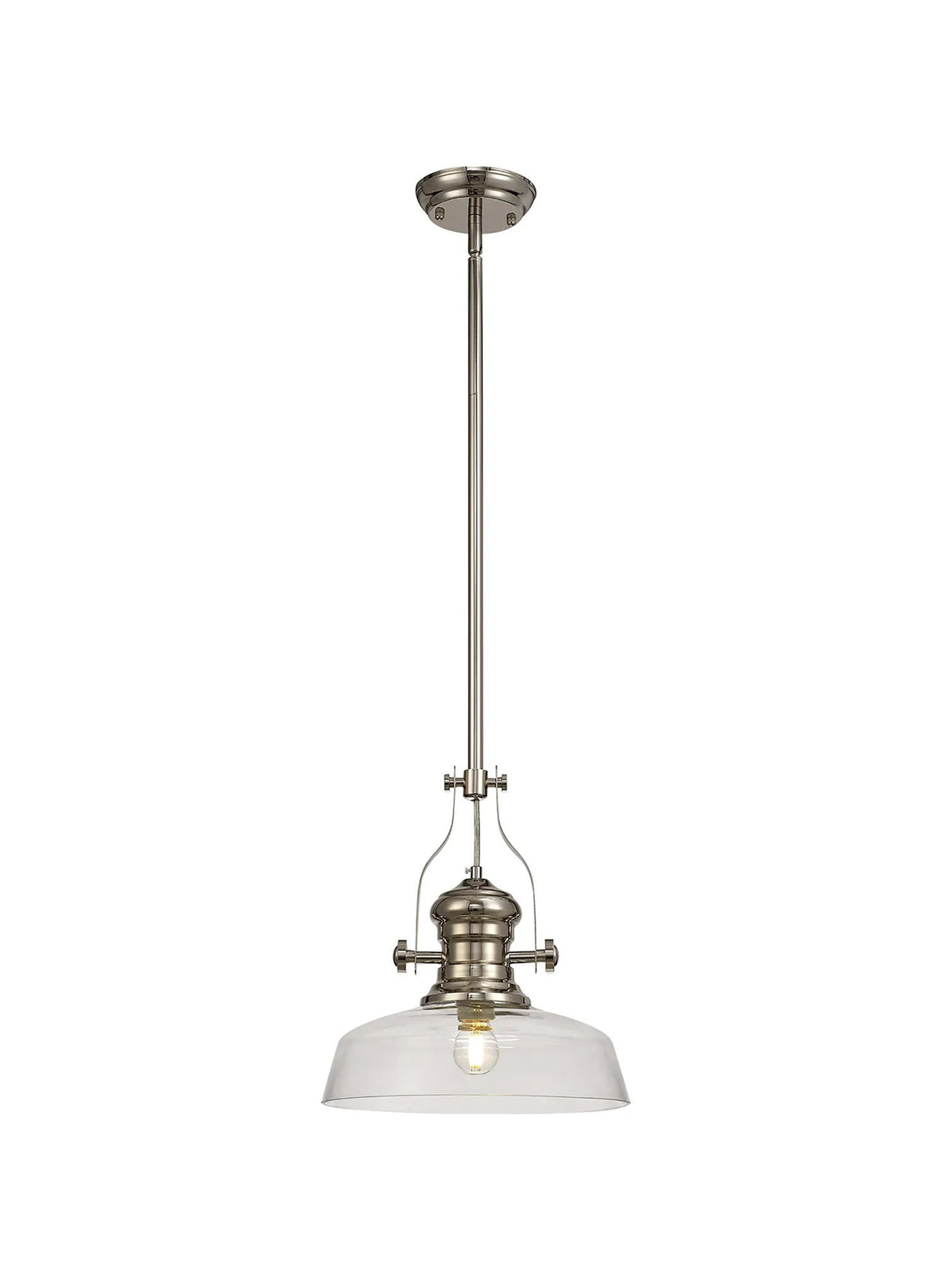 Munro 1 Light Multi Height Pendant E27 With 30cm Flat Round Glass Shade, Polished Nickel/Clear