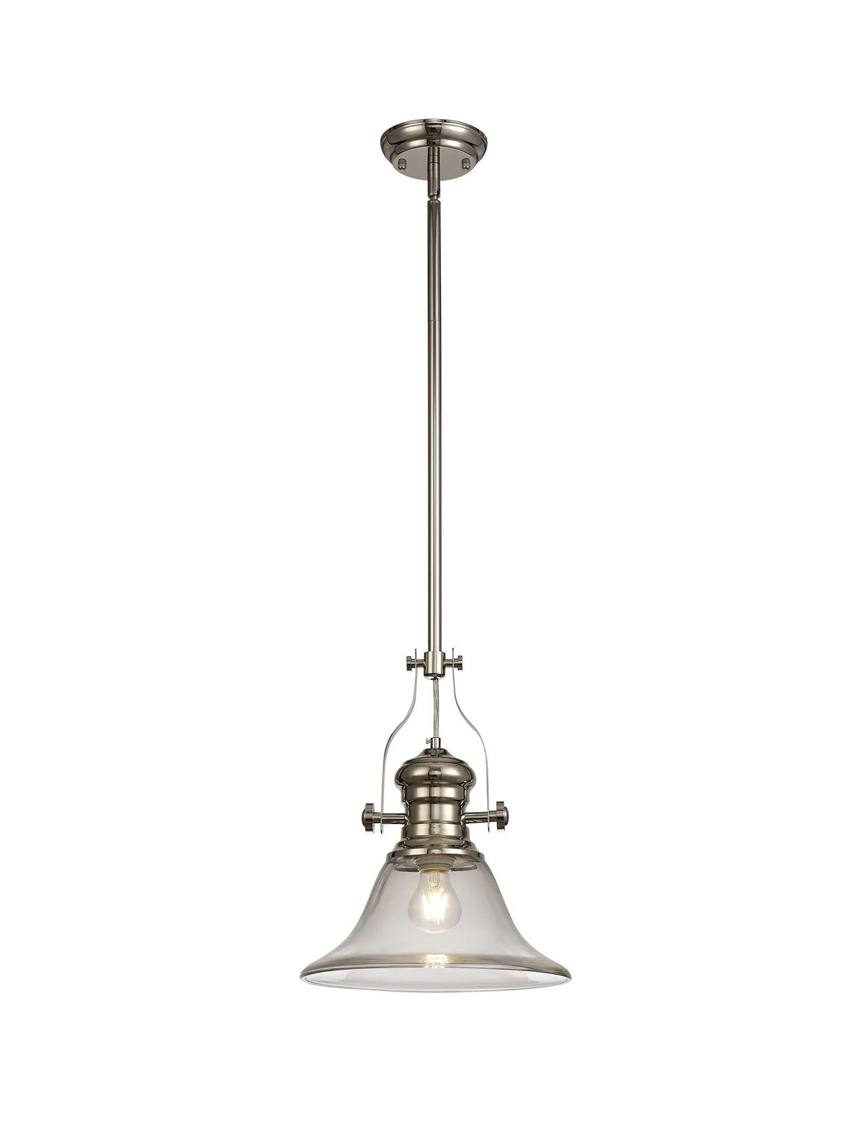 Munro 1 Light Multi Height Pendant E27 With 30cm Smooth Bell Glass Shade, Polished Nickel/Clear