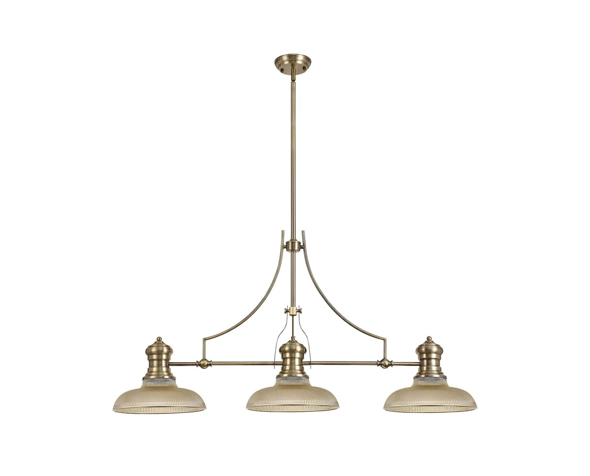Munro 3 Light Linear Multi Height Pendant E27 With 30cm Round Glass Shade, Antique Brass, Amber