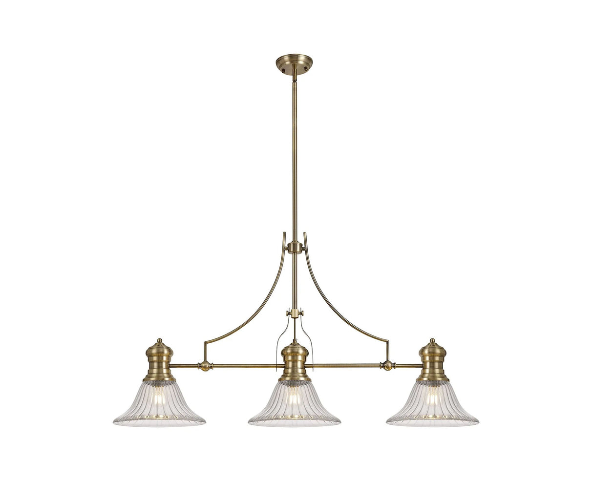 Munro 3 Light Linear Multi Height Pendant E27 With 30cm Bell Glass Shade, Antique Brass, Clear