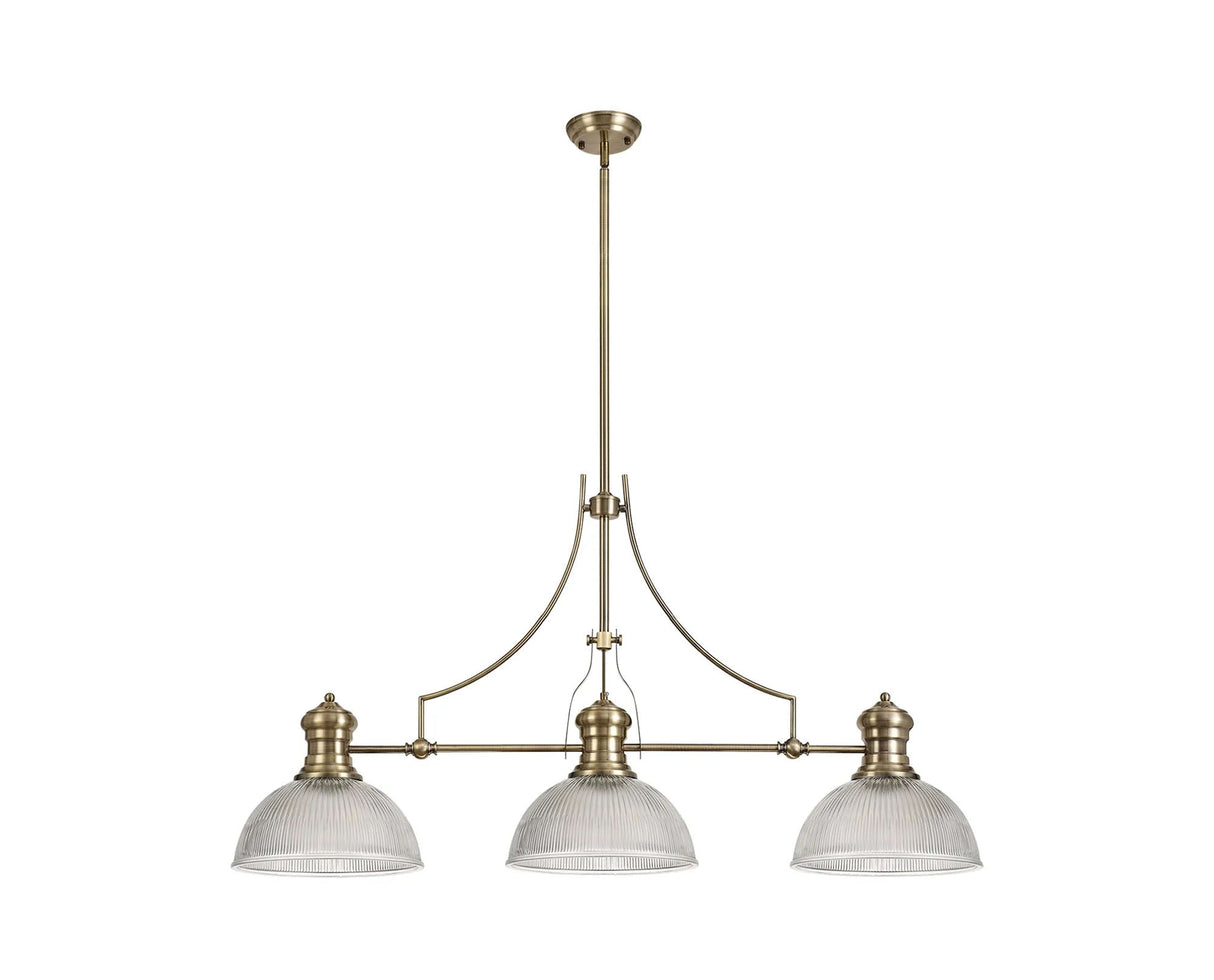 Munro 3 Light Linear Multi Height Pendant E27 With 30cm Dome Glass Shade, Antique Brass, Clear