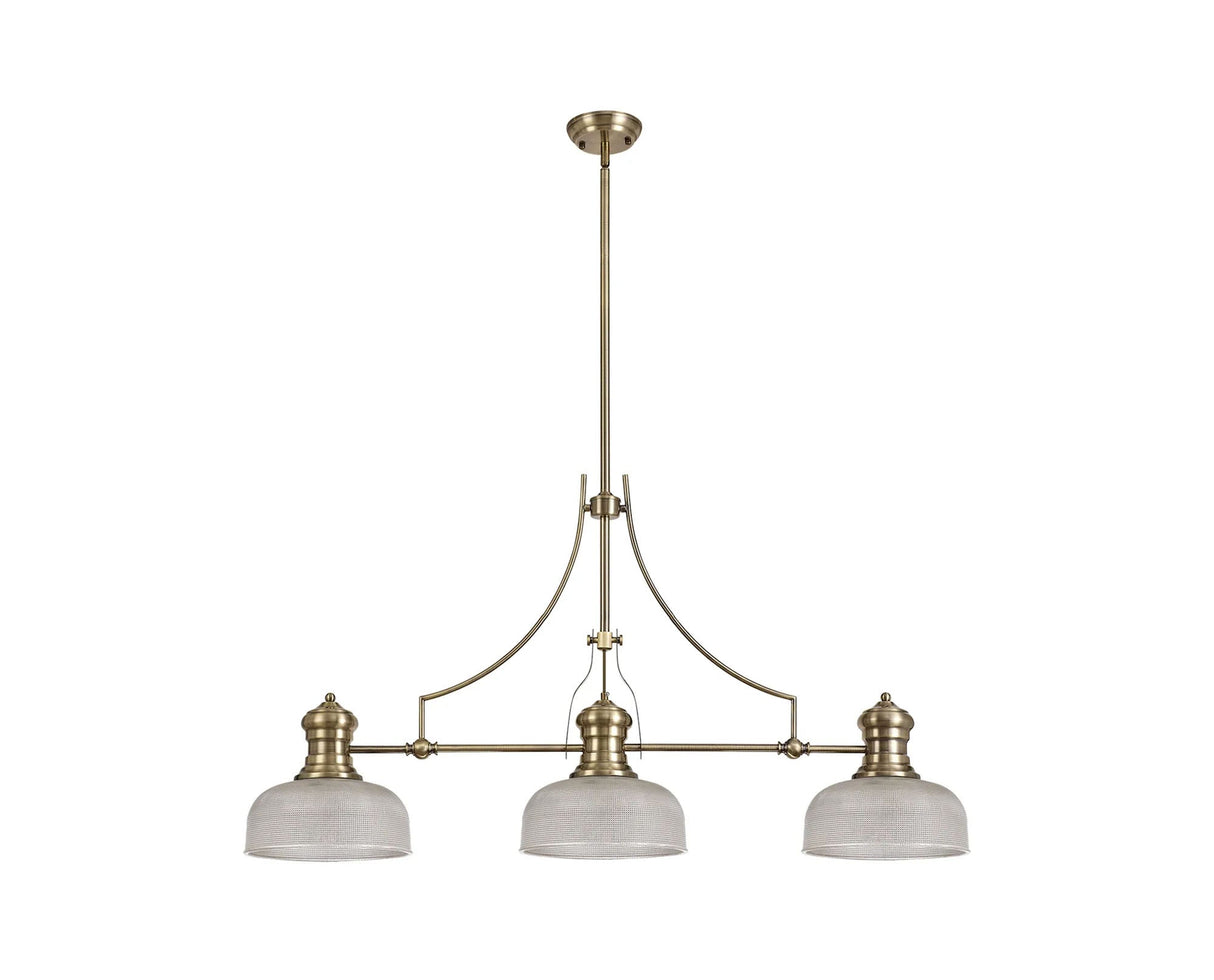 Munro 3 Light Linear Multi Height Pendant E27 With 26.5cm Prismatic Glass Shade, Antique Brass, Clear