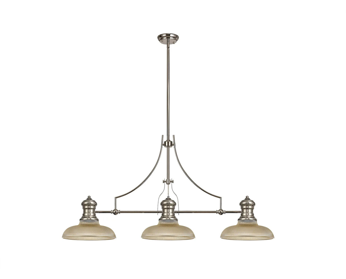 Munro 3 Light Linear Multi Height Pendant E27 With 30cm Round Glass Shade, Polished Nickel, Amber