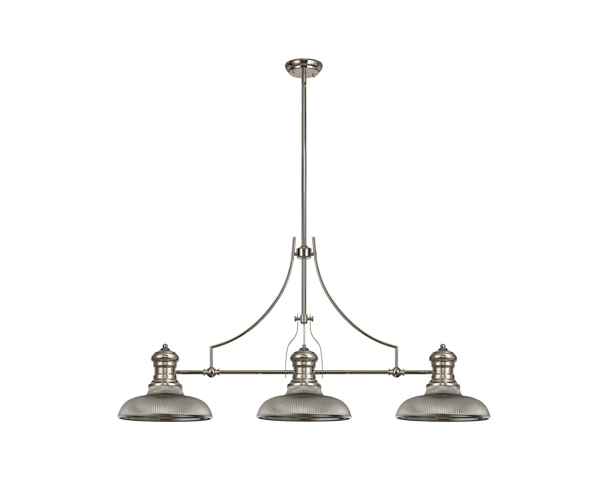 Munro 3 Light Linear Multi Height Pendant E27 With 30cm Round Glass Shade, Polished Nickel, Smoked