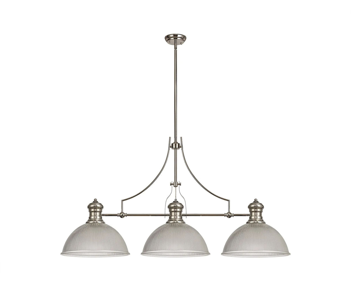 Munro 3 Light Linear Multi Height Pendant E27 With 38cm Dome Glass Shade, Polished Nickel, Clear