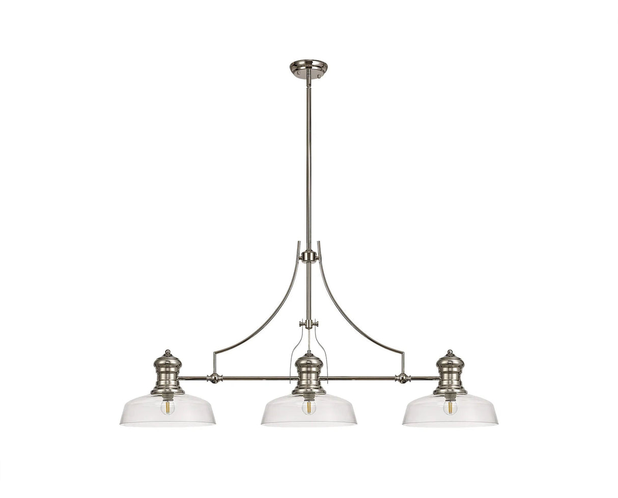 Munro 3 Light Linear Multi Height Pendant E27 With 30cm Flat Round Glass Shade, Polished Nickel, Clear