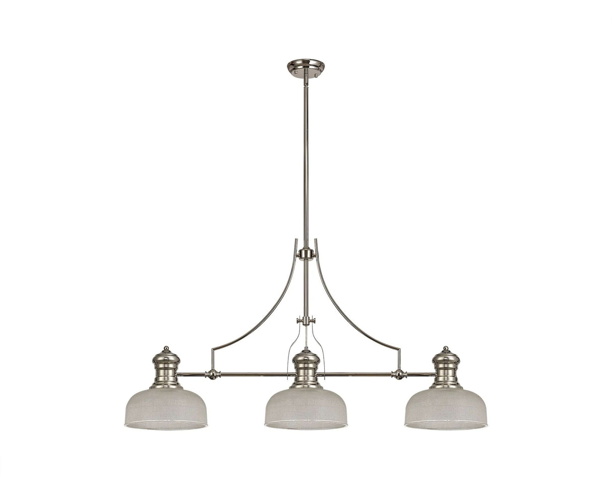 Munro 3 Light Linear Multi Height Pendant E27 With 26.5cm Prismatic Glass Shade, Polished Nickel, Clear