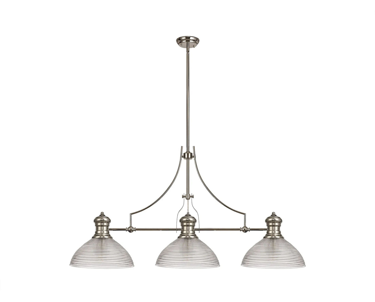 Munro 3 Light Linear Multi Height Pendant E27 With 33.5cm Prismatic Glass Shade, Polished Nickel, Clear