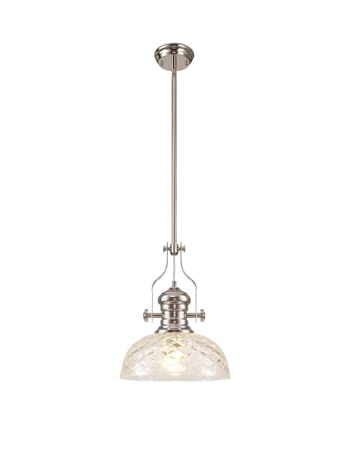 Munro Multi Height Pendant With 30cm Flat Round Patterned Shade, 1 x E27, Polished Nickel/Clear Glass