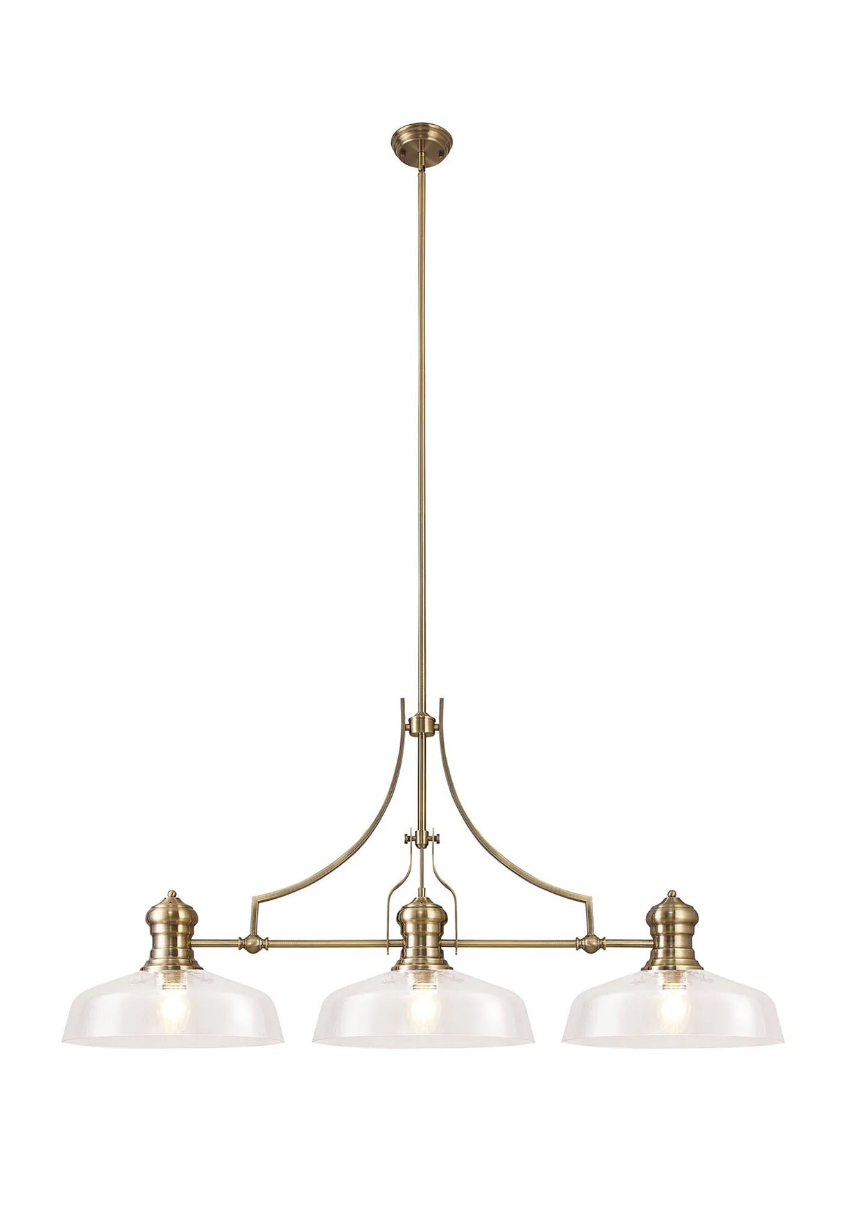 Munro Linear Multi Height Pendant With 38cm Flat Round Shade, 3 x E27, Antique Brass/Clear Glass