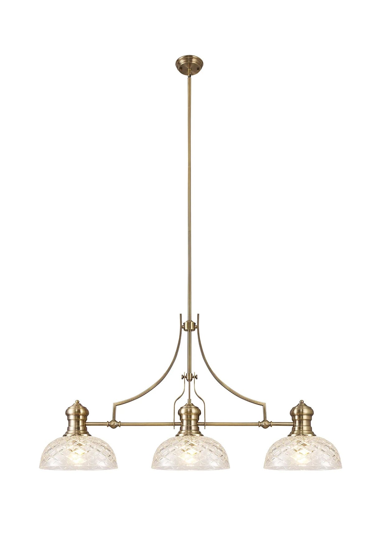 Munro Linear Multi Height Pendant With 30cm Flat Round Patterned Shade, 3 x E27, Antique Brass/Clear Glass