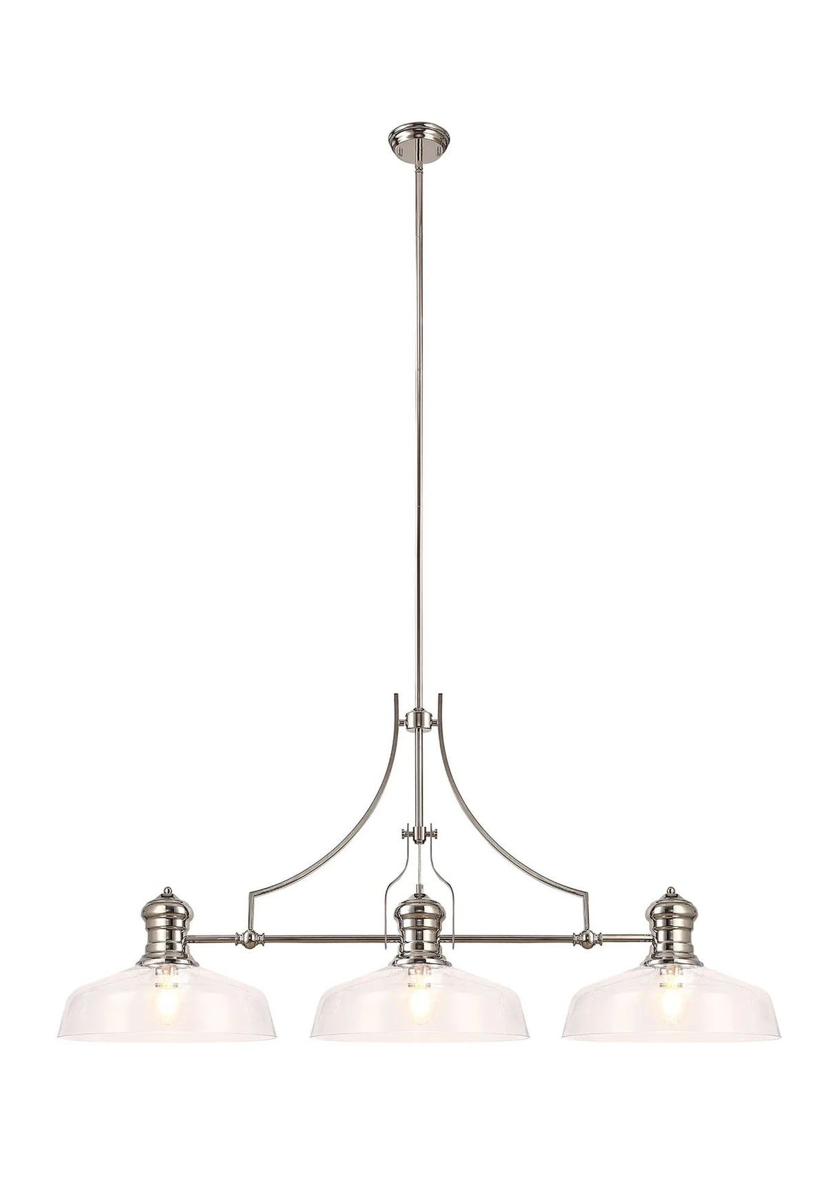 Munro Linear Multi Height Pendant With 38cm Flat Round Shade, 3 x E27, Polished Nickel/Clear Glass