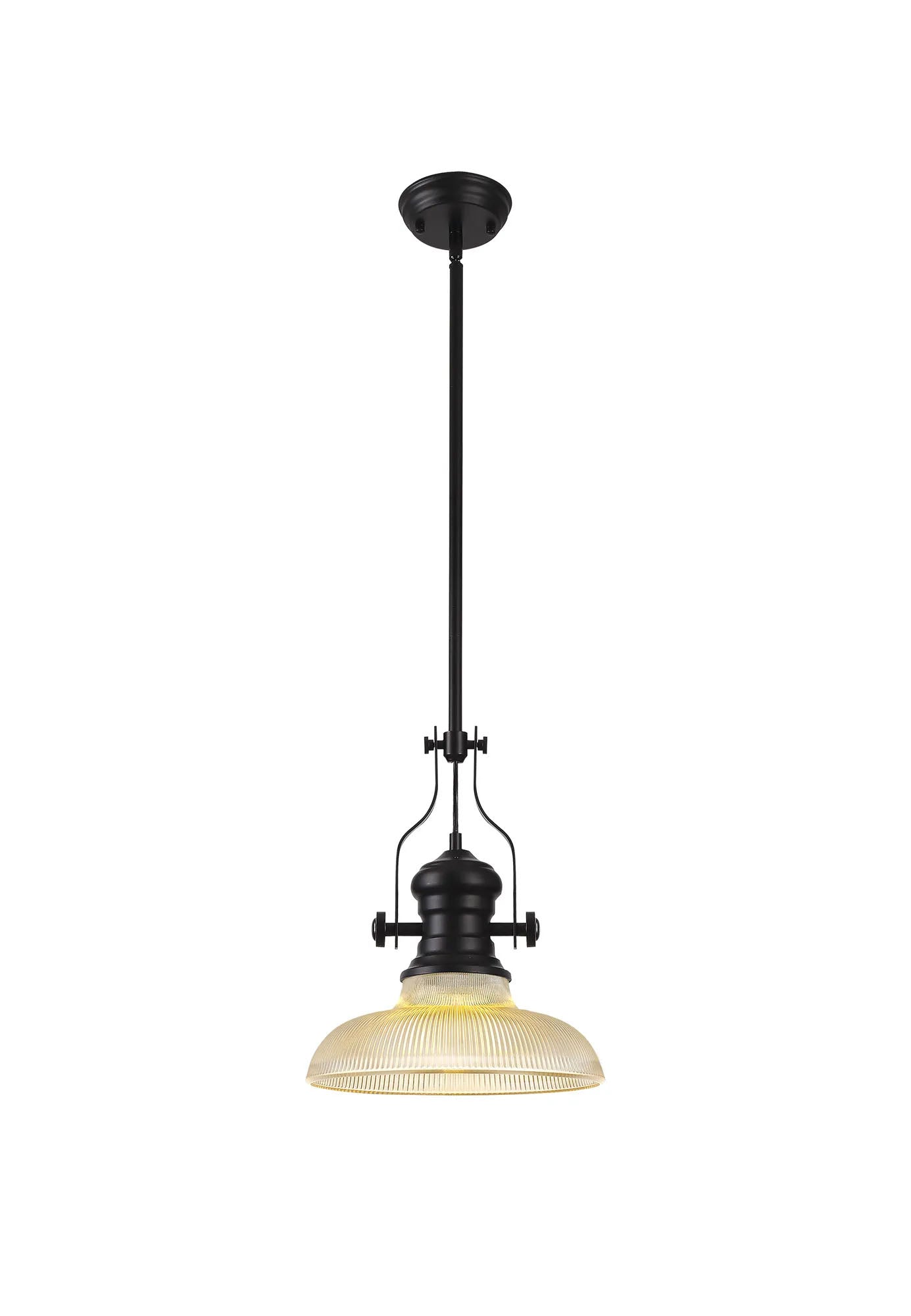 Munro 1 Light Multi Height Pendant E27 With 30cm Round Glass Shade, Matt Black/Amber