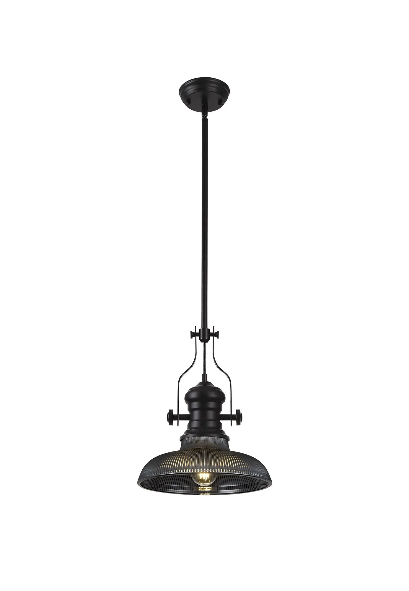 Munro 1 Light Multi Height Pendant E27 With 30cm Round Glass Shade, Matt Black/Smoked