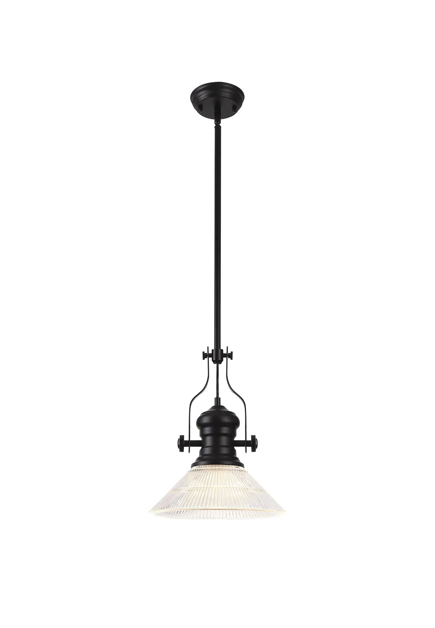 Munro 1 Light Multi Height Pendant E27 With 30cm Cone Glass Shade, Matt Black/Clear