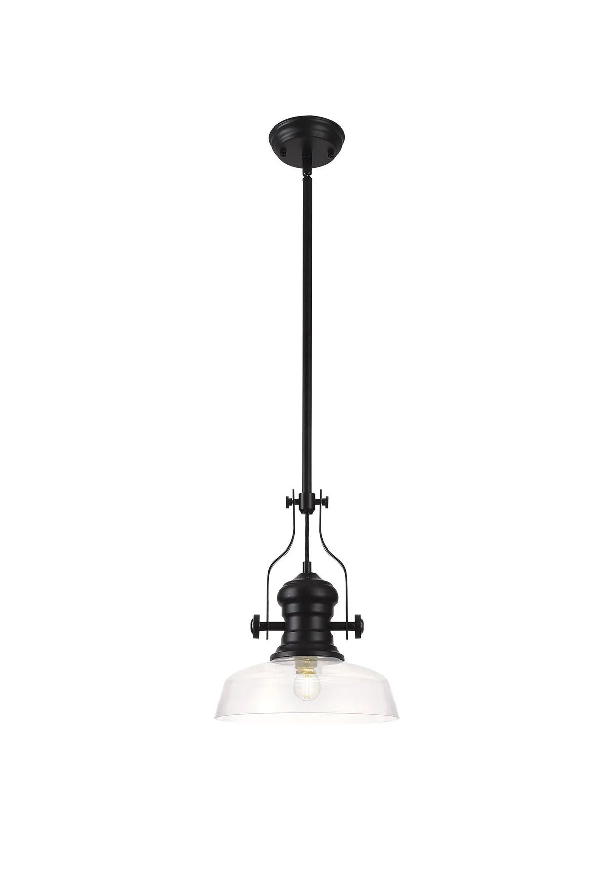 Munro 1 Light Multi Height Pendant E27 With 30cm Flat Round Glass Shade, Matt Black/Clear