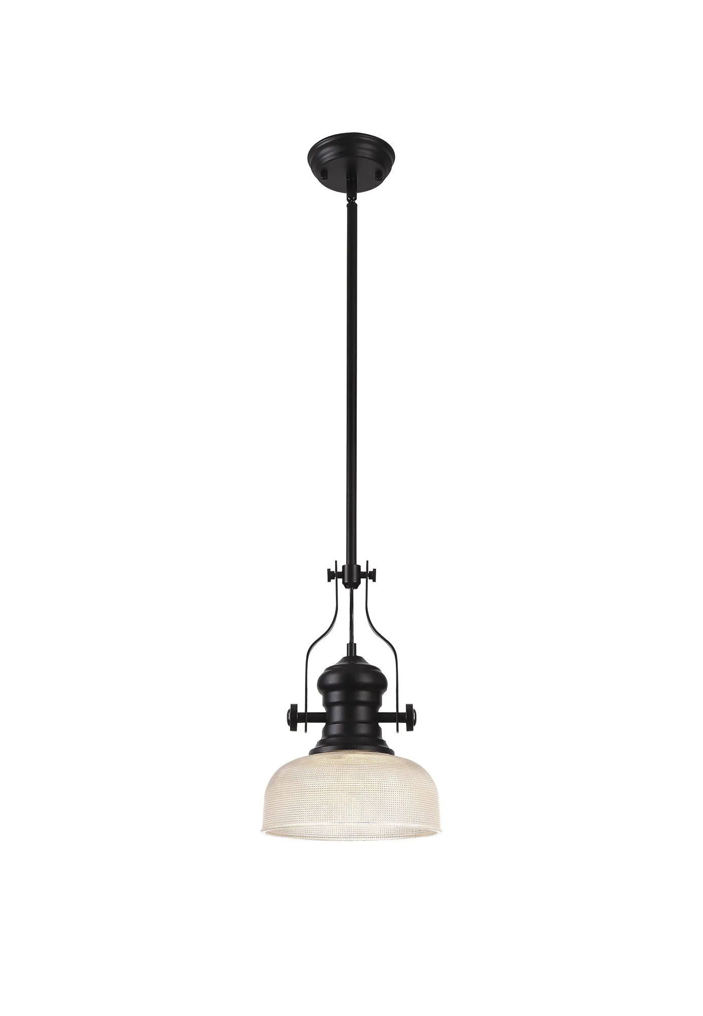 Munro 1 Light Multi Height Pendant E27 With 26.5cm Prismatic Glass Shade, Matt Black/Clear
