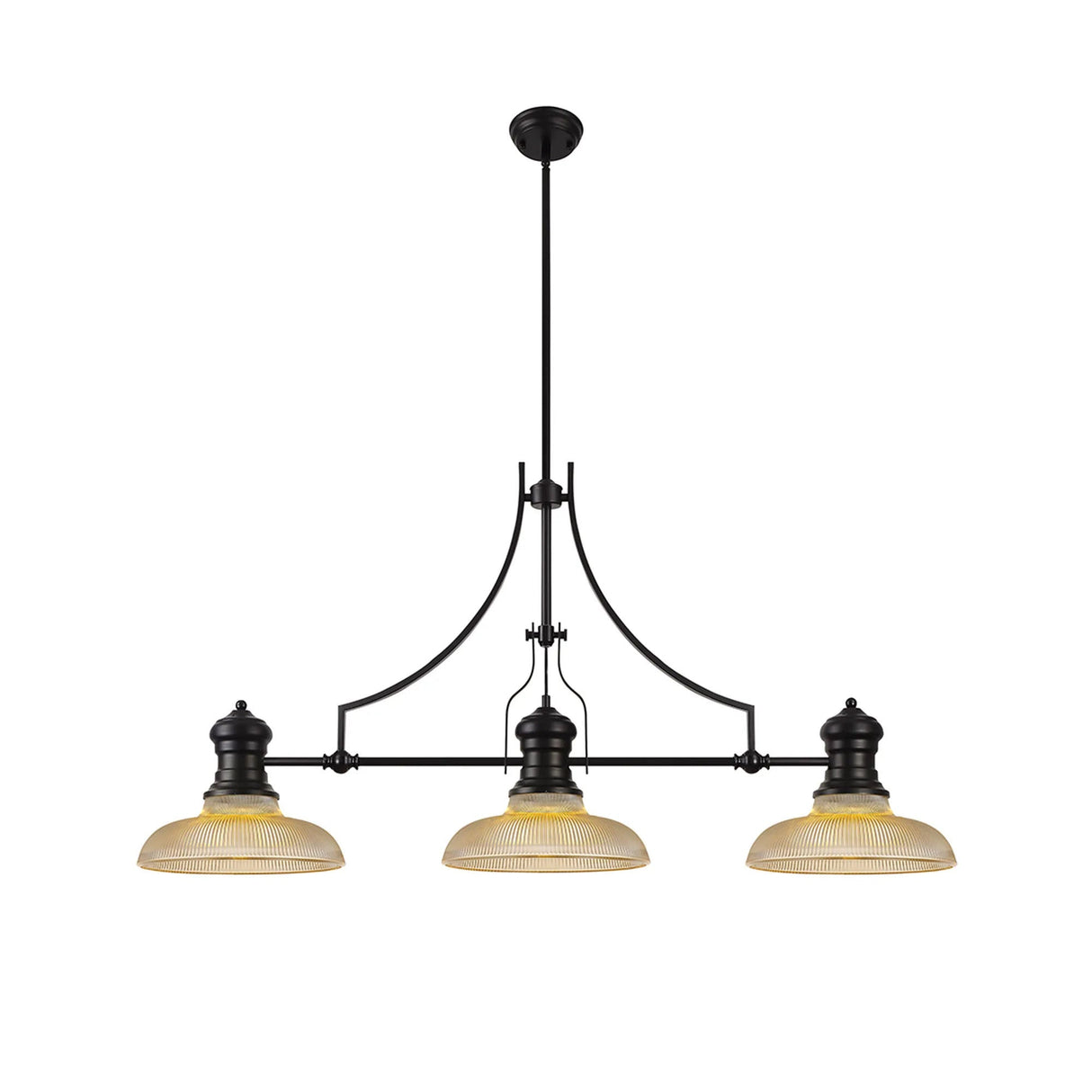 Munro 3 Light Linear Multi Height Pendant E27 With 30cm Round Glass Shade, Matt Black, Amber