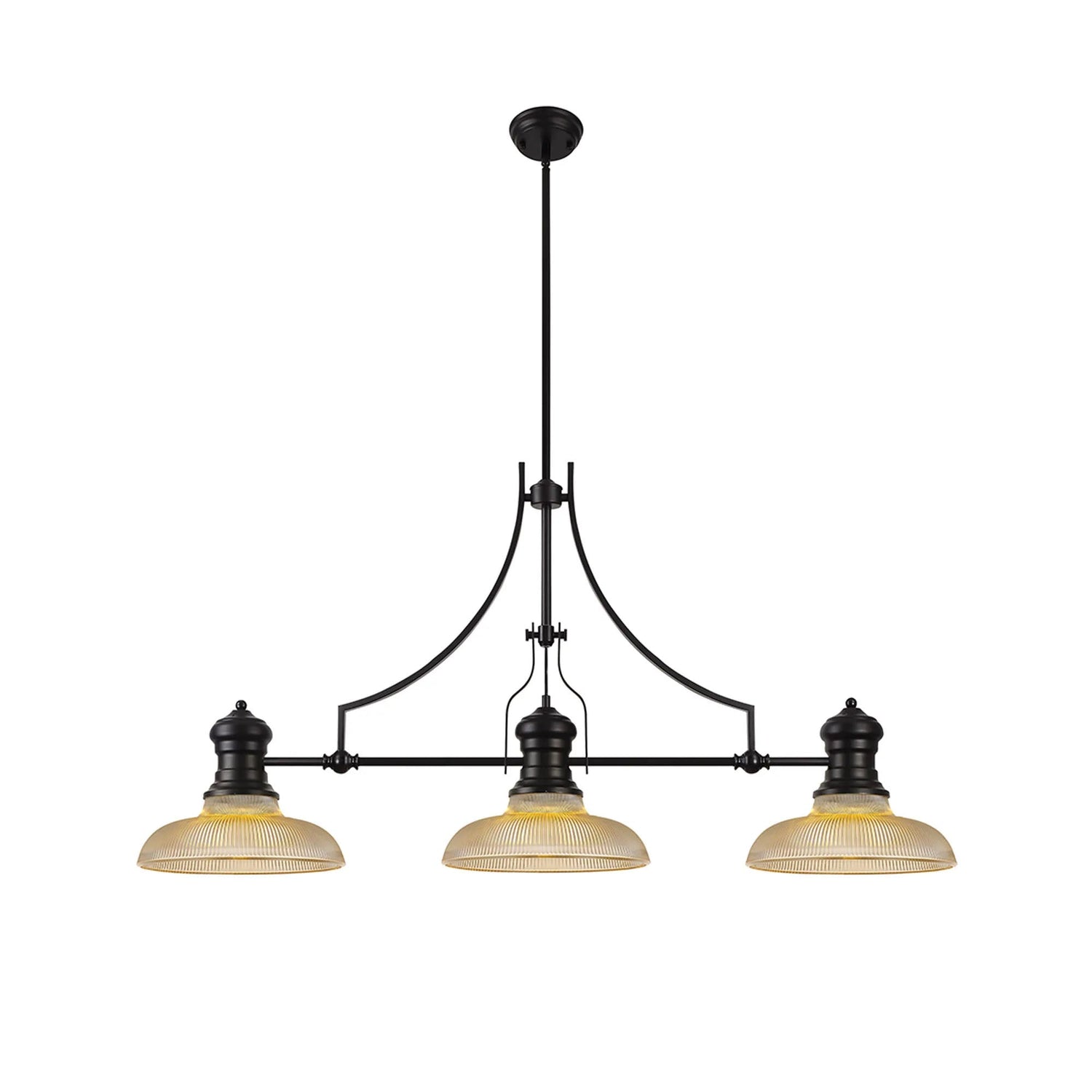 Munro 3 Light Linear Multi Height Pendant E27 With 30cm Round Glass Shade, Matt Black, Amber