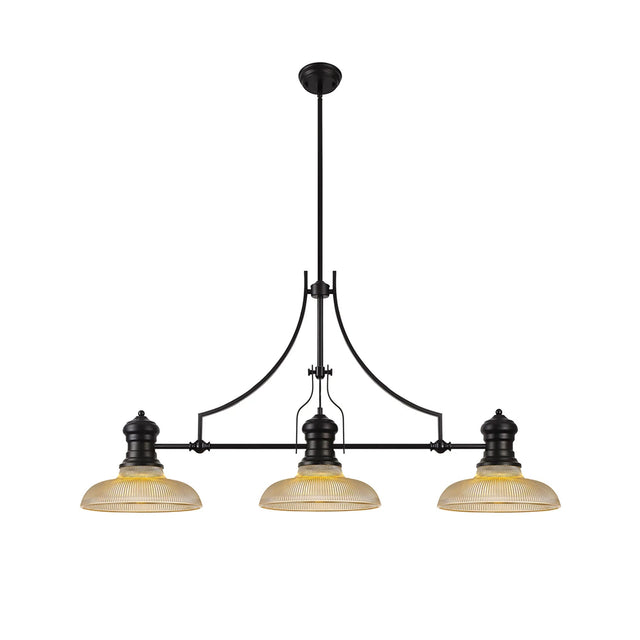 Munro 3 Light Linear Multi Height Pendant E27 With 30cm Round Glass Shade, Matt Black, Amber