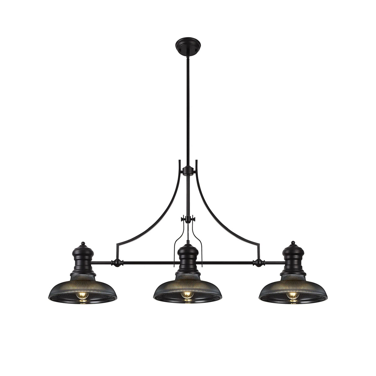 Munro 3 Light Linear Multi Height Pendant E27 With 30cm Round Glass Shade, Matt Black, Smoked