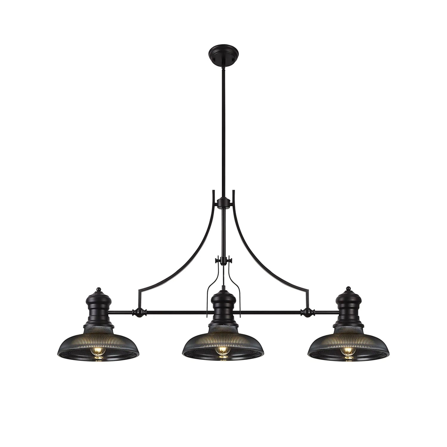 Munro 3 Light Linear Multi Height Pendant E27 With 30cm Round Glass Shade, Matt Black, Smoked