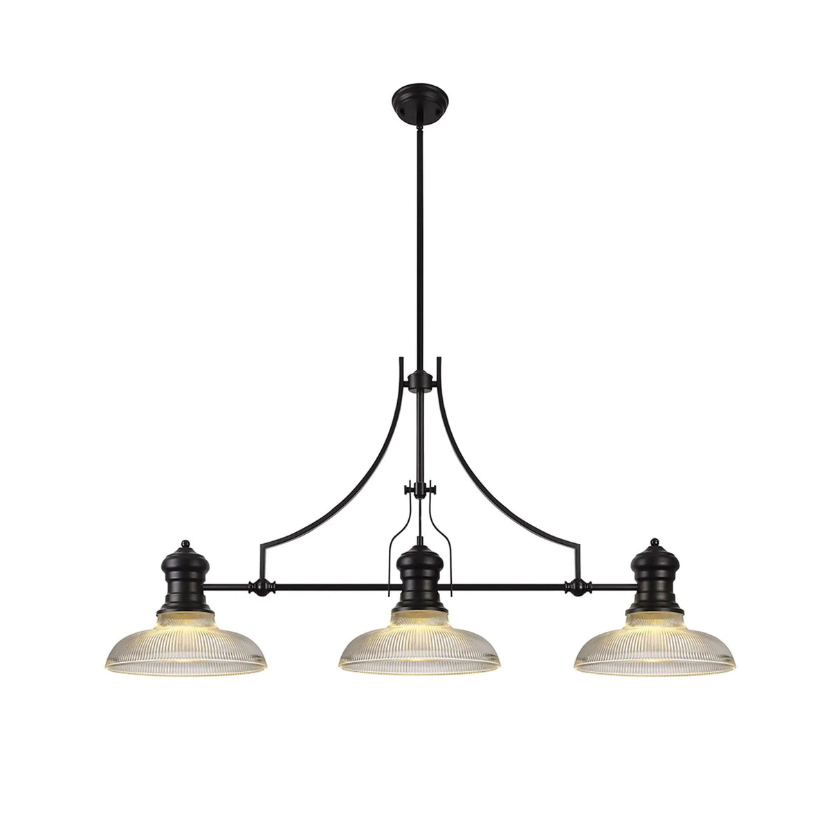 Munro 3 Light Linear Multi Height Pendant E27 With 30cm Round Glass Shade, Matt Black, Clear