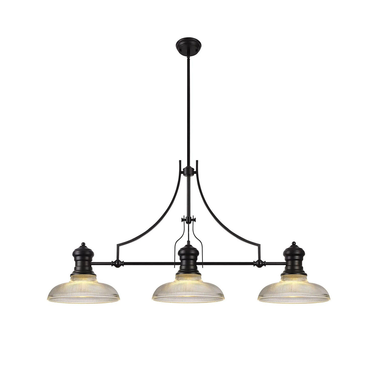 Munro 3 Light Linear Multi Height Pendant E27 With 30cm Round Glass Shade, Matt Black, Clear