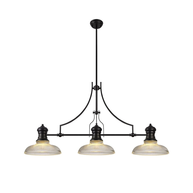 Munro 3 Light Linear Multi Height Pendant E27 With 30cm Round Glass Shade, Matt Black, Clear