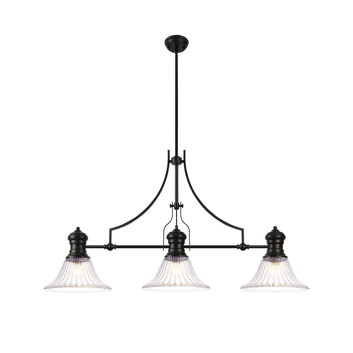 Munro 3 Light Linear Multi Height Pendant E27 With 30cm Bell Glass Shade, Matt Black, Clear