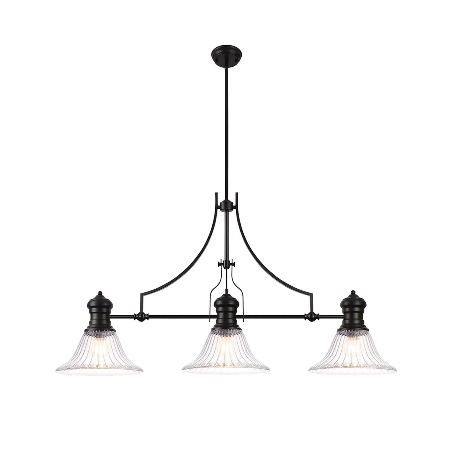 Munro 3 Light Linear Multi Height Pendant E27 With 30cm Bell Glass Shade, Matt Black, Clear
